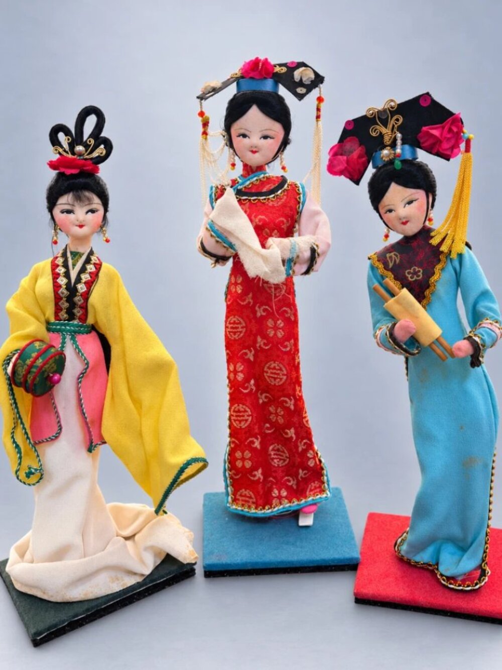 Vintage Chinese Cloth Dolls Set of 3 Traditional Costume Folk Art Asian Display